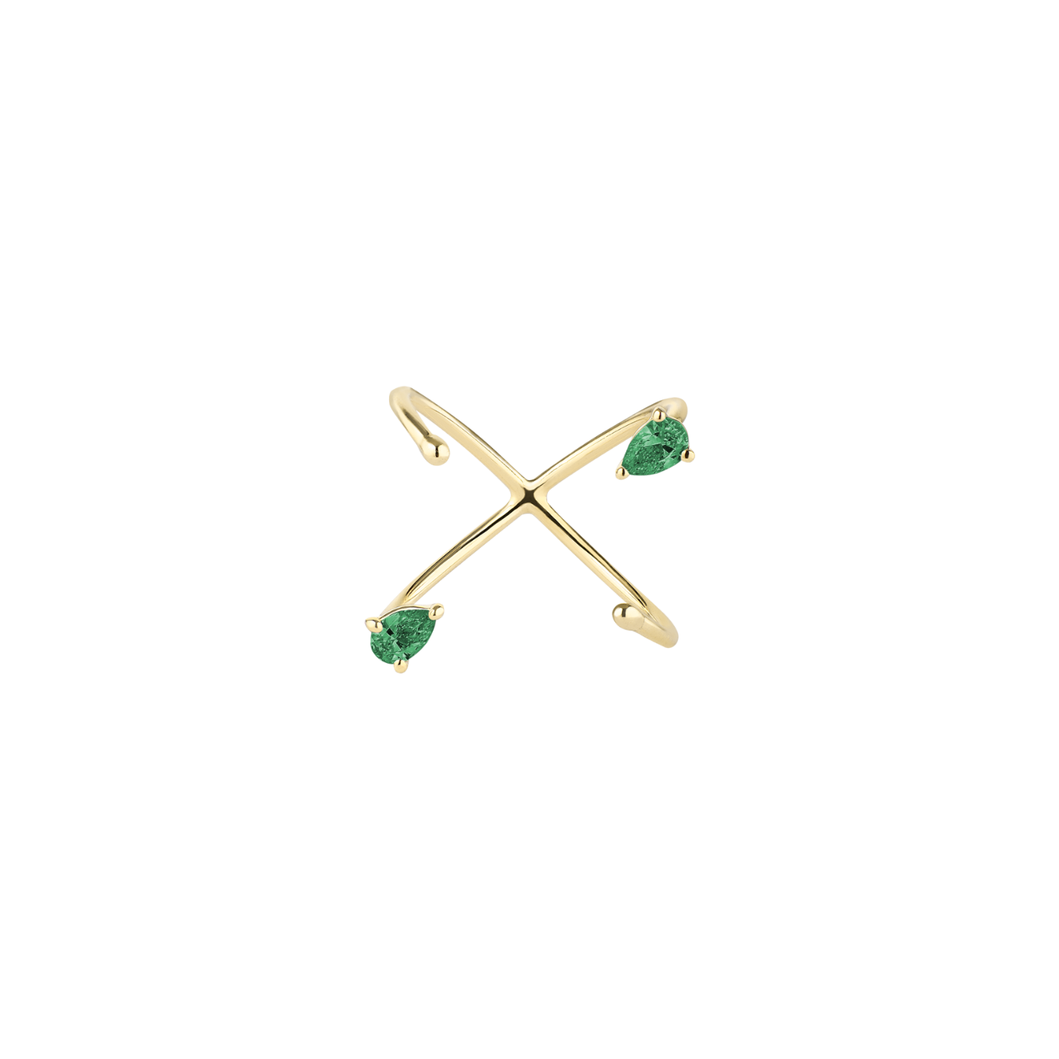 Yellow gold ring with pear-cut emeralds on a white background