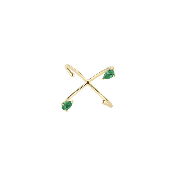 Yellow gold ring with pear-cut emeralds on a white background