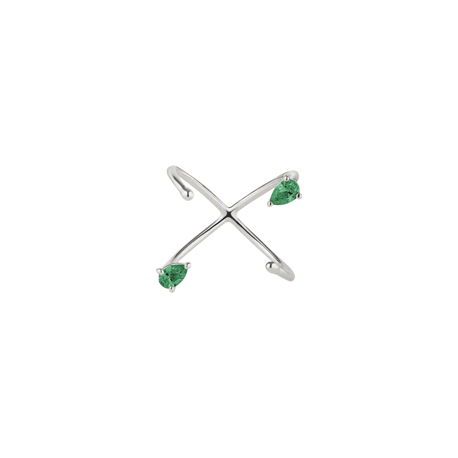 White gold ring with pear-cut emeralds on a white background