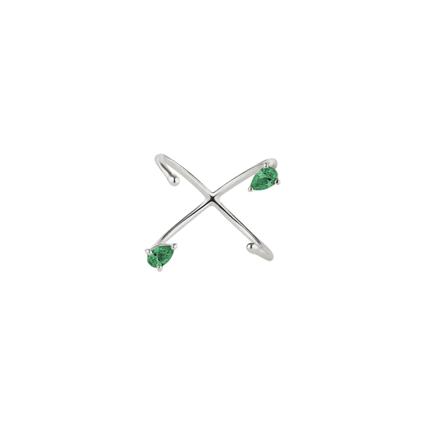 White gold ring with pear-cut emeralds on a white background
