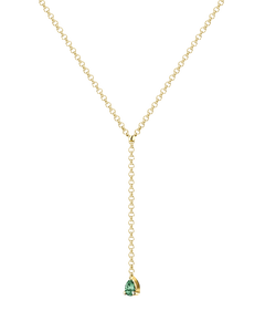 MA 9 lariat necklace by Lera Treyger with pear-cut emerald drop in 14k yellow gold and fine rolo chain, hi-key studio shot