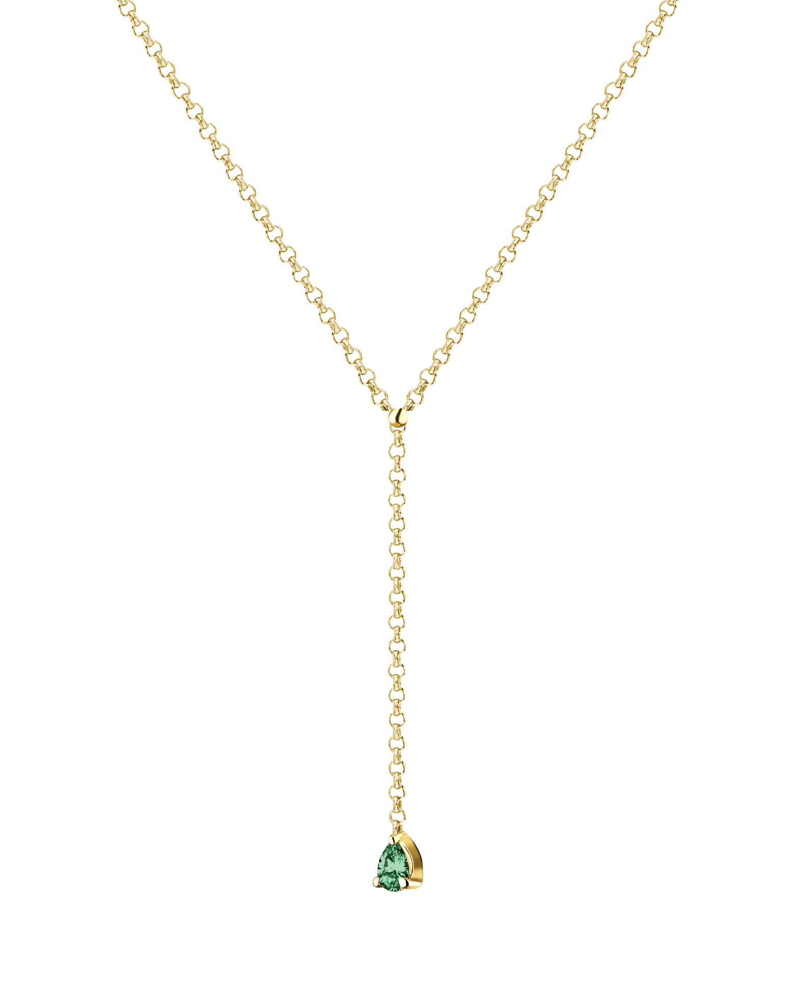 MA 9 lariat necklace by Lera Treyger with pear-cut emerald drop in 14k yellow gold and fine rolo chain, hi-key studio shot