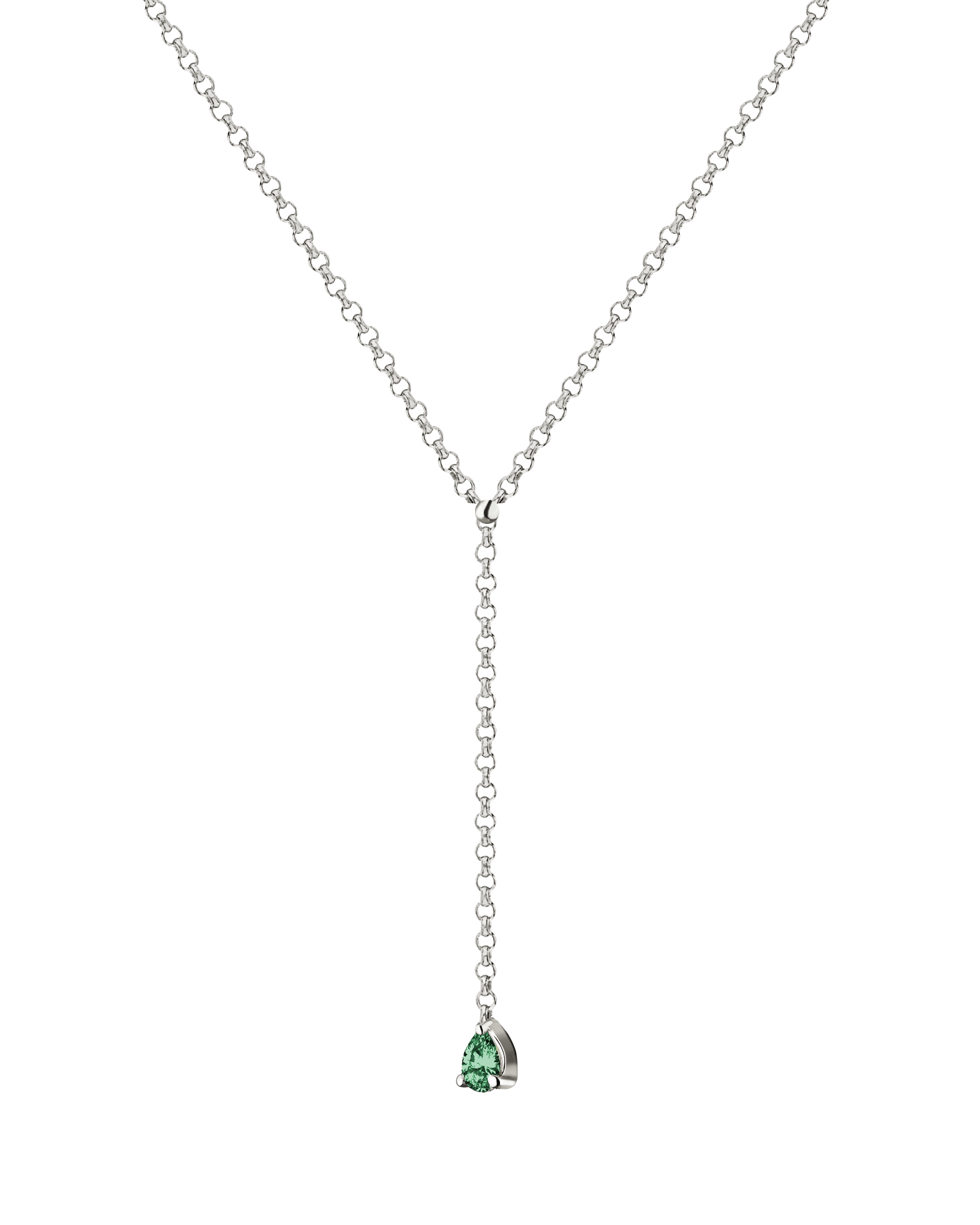 MA 9 lariat necklace by Lera Treyger, pear-cut emerald drop pendant on fine rolo chain in 14k white gold, product cutout