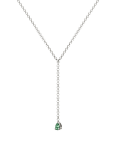 MA 9 lariat necklace by Lera Treyger, pear-cut emerald drop pendant on fine rolo chain in 14k white gold, product cutout