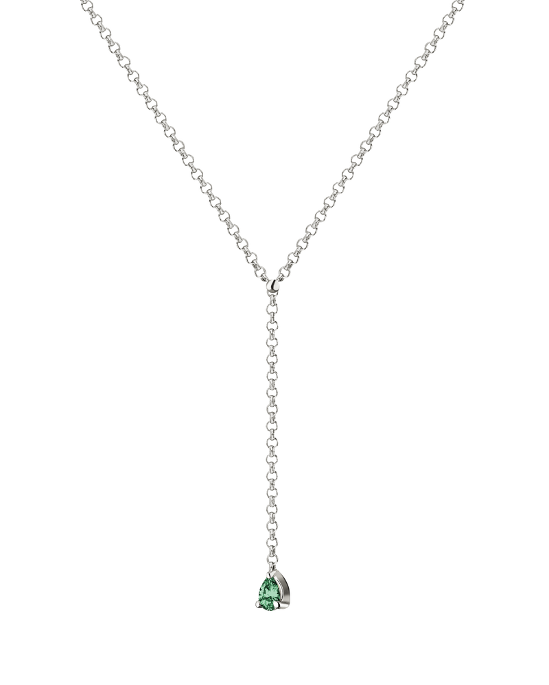 MA 9 lariat necklace by Lera Treyger, pear-cut emerald drop pendant on fine rolo chain in 14k white gold, product cutout