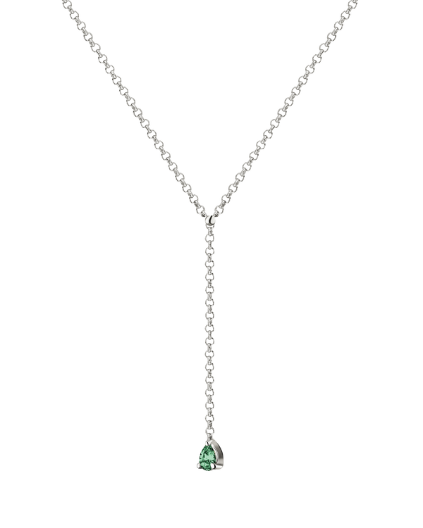 MA 9 lariat necklace by Lera Treyger, pear-cut emerald drop pendant on fine rolo chain in 14k white gold, product cutout