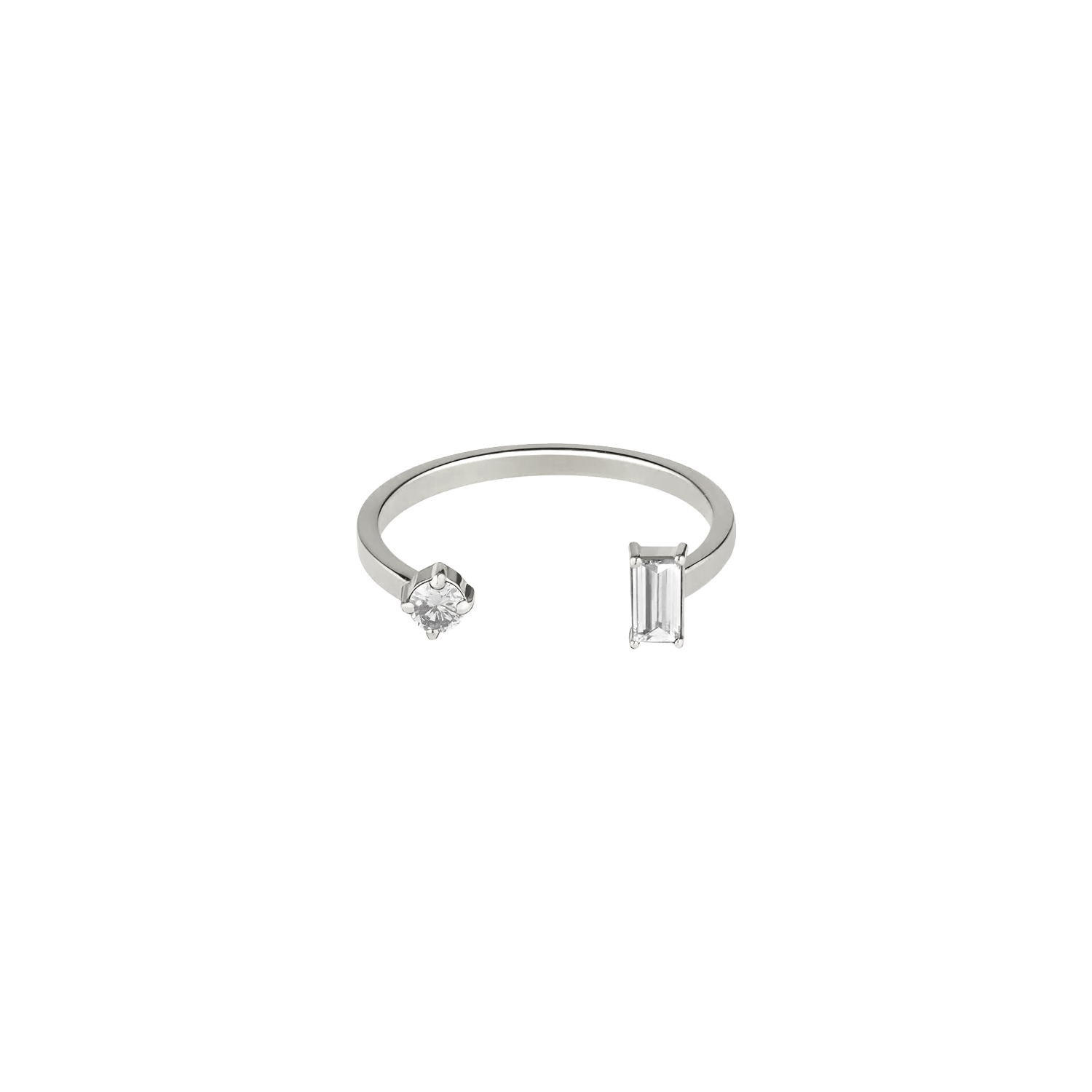 Lera Treyger N 15 ring in 14k white gold, open band with round and baguette diamond duo