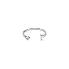 Lera Treyger N 15 ring in 14k white gold, open band with round and baguette diamond duo