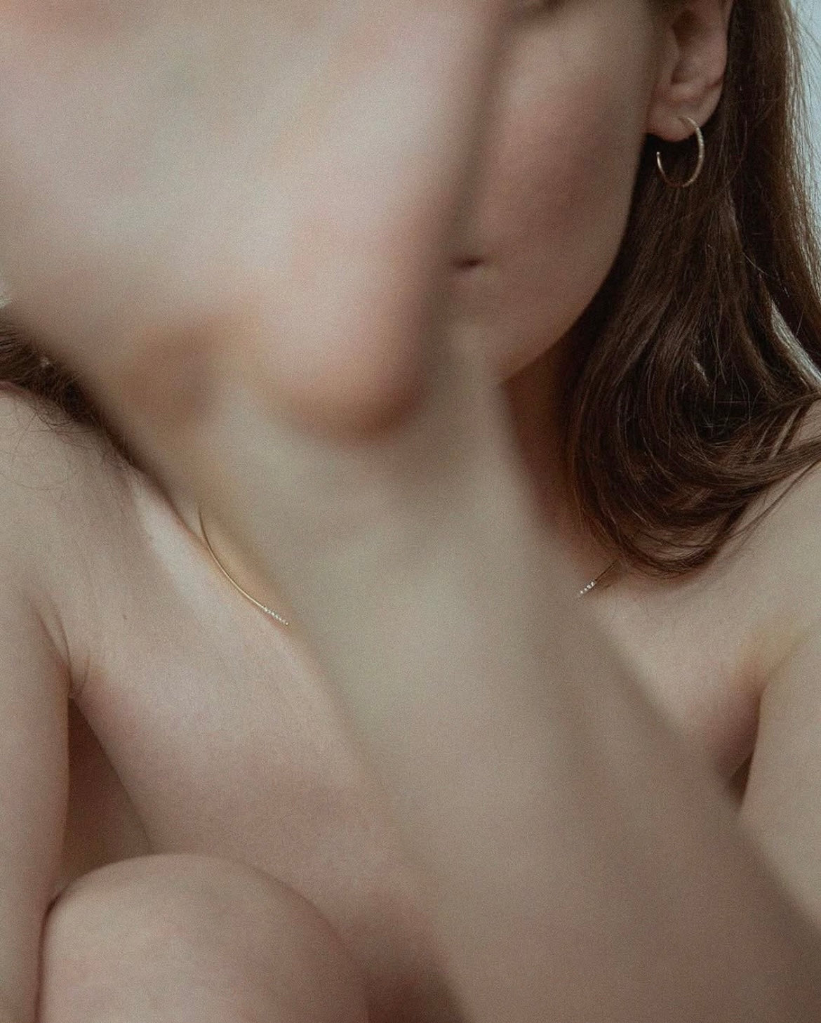 Soft close-up of bare shoulders with Lera Treyger Earth-S 14k gold pavé-diamond small hoop and matching neckline pin