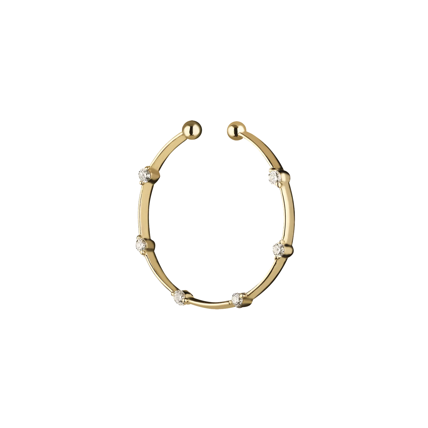 Lera Treyger Fire ear cuff in 14k yellow gold, open oval cuff set with six diamonds totalling 0.09ct, ball end-caps