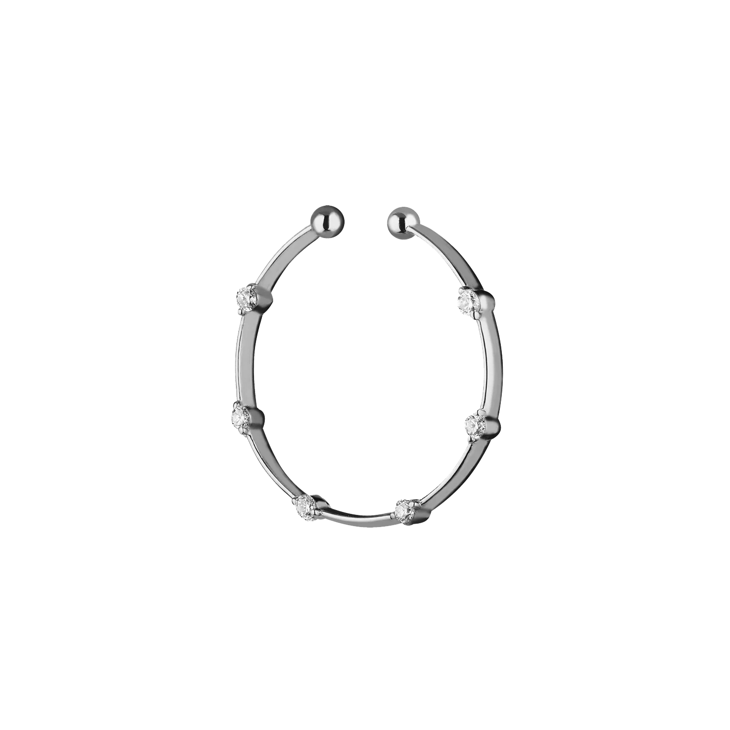 Lera Treyger Fire ear cuff in 14k white gold, open oval cuff with six diamonds (0.09ct) and ball end-caps, studio