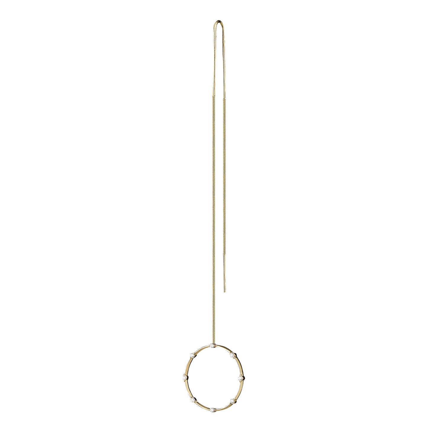 Lera Treyger Fire 14k yellow gold threader at full length, long snake chain with diamond-studded circle drop