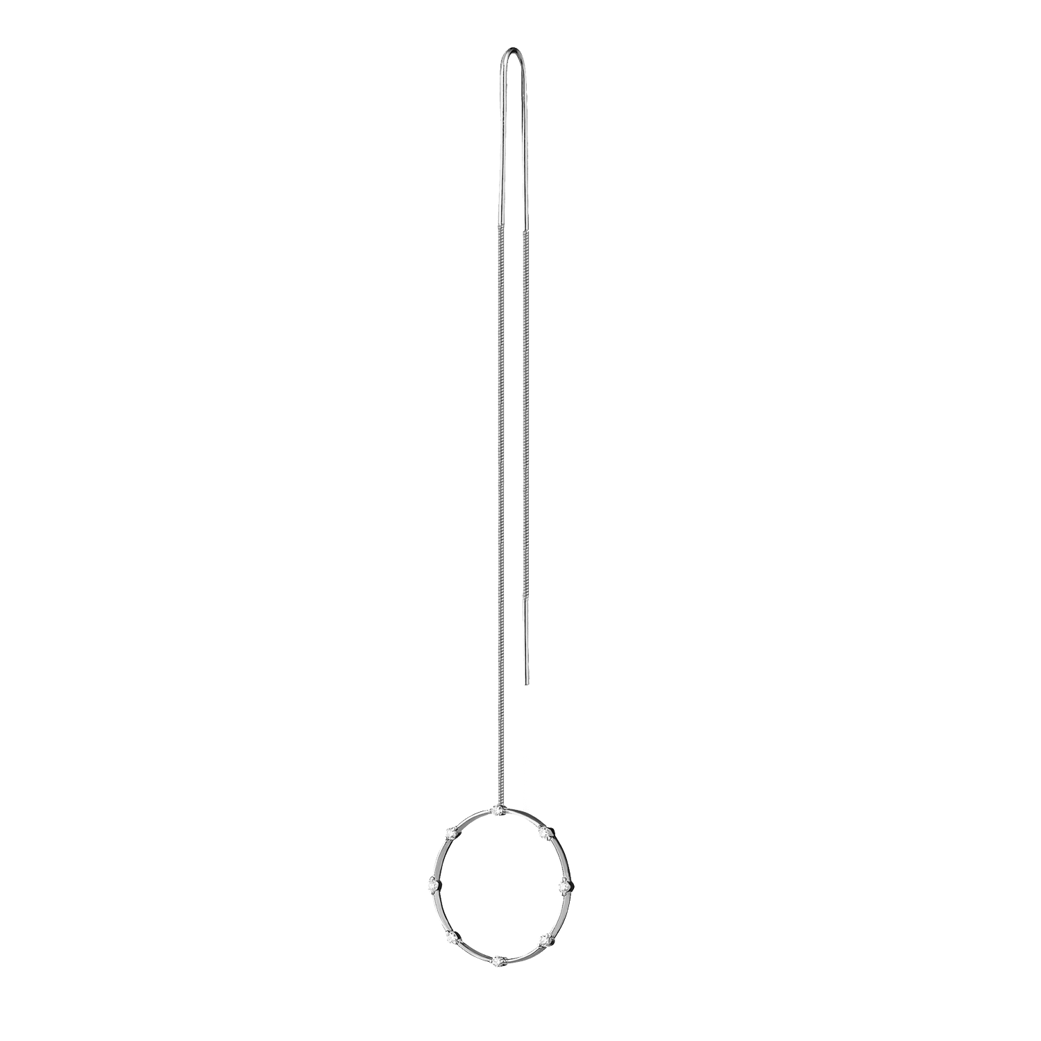 Fire threader earring by Lera Treyger at full length in 14k white gold, snake chain ending in diamond-studded open circle