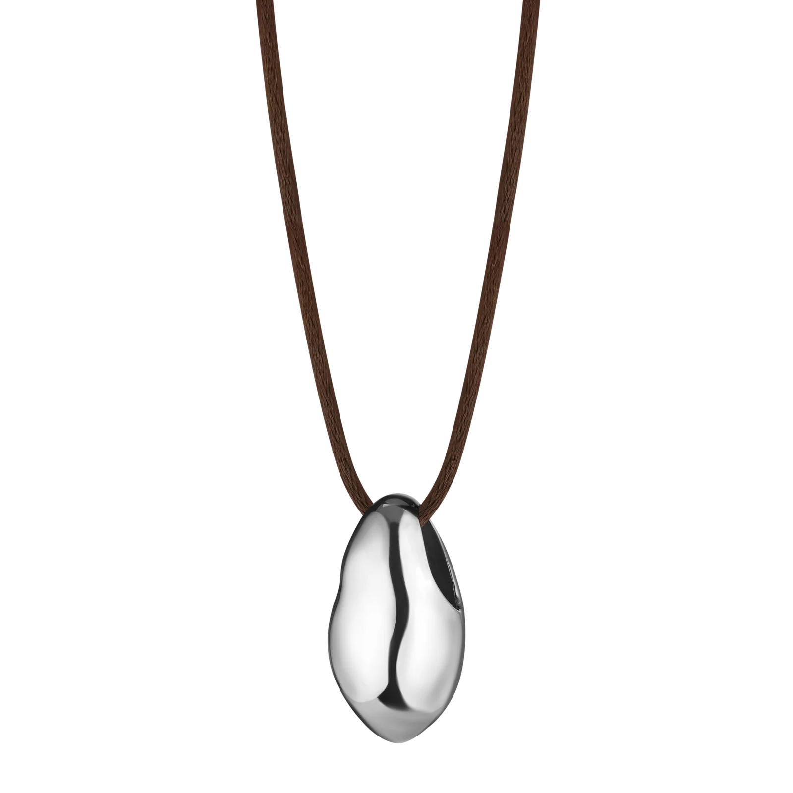 Lera Treyger Influunt Pendant in sterling silver - organic pebble form on espresso brown silk cord, studio cutout