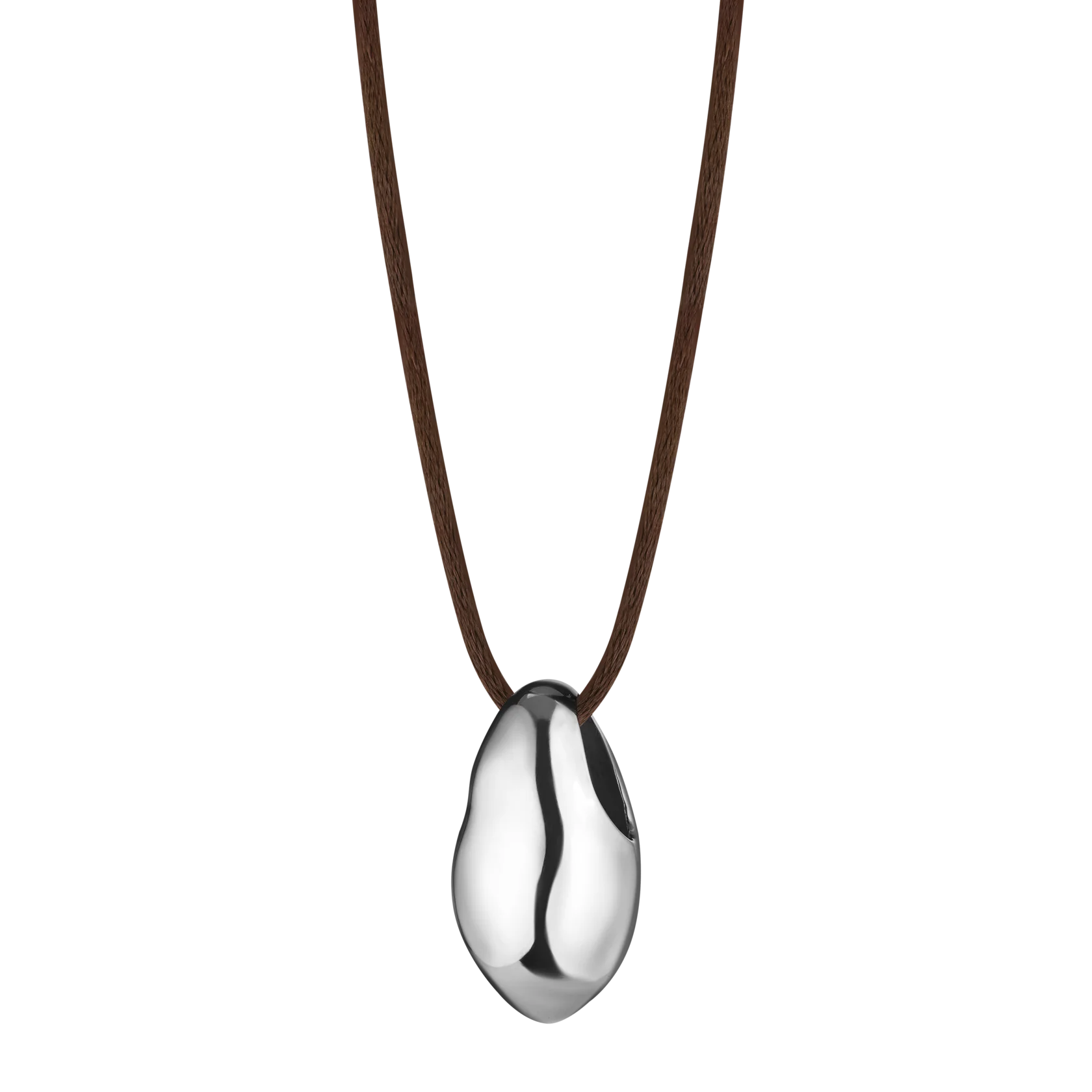 Lera Treyger Influunt Pendant in sterling silver - organic pebble form on espresso brown silk cord, studio cutout