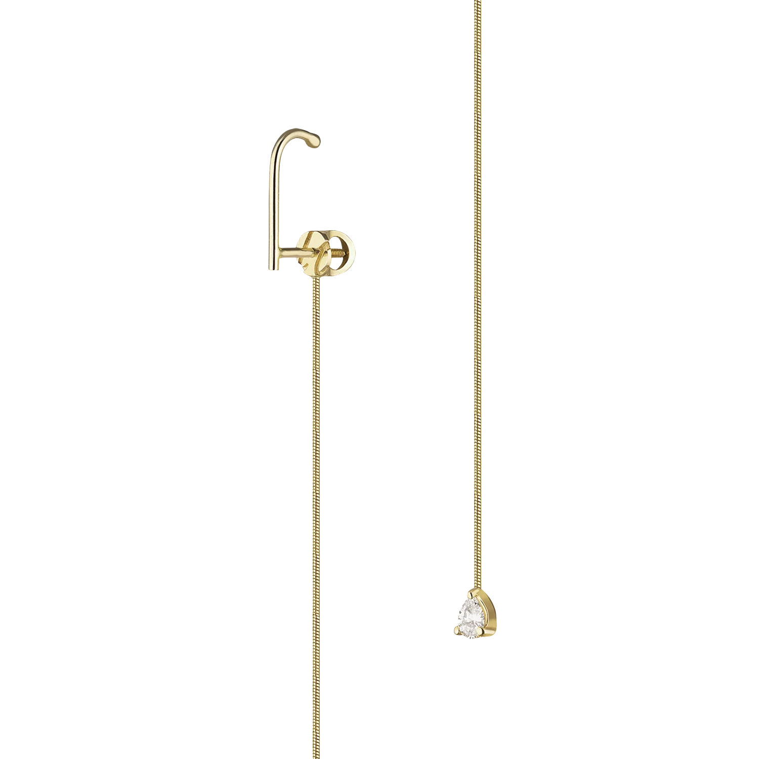 Lera Treyger MA 3 threader earring in 14k yellow gold, hook anchor and snake chain with 0.15ct pear-cut diamond