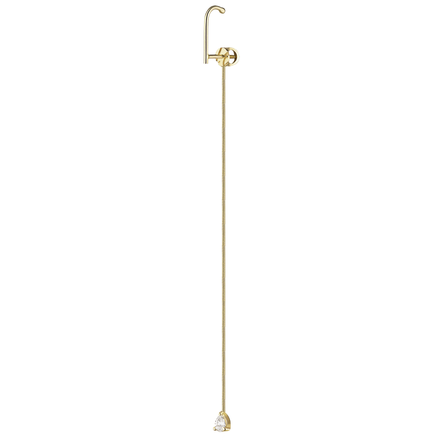 Lera Treyger MA 3 14k yellow gold threader earring at full length, ear hook, long snake chain, pear-diamond drop