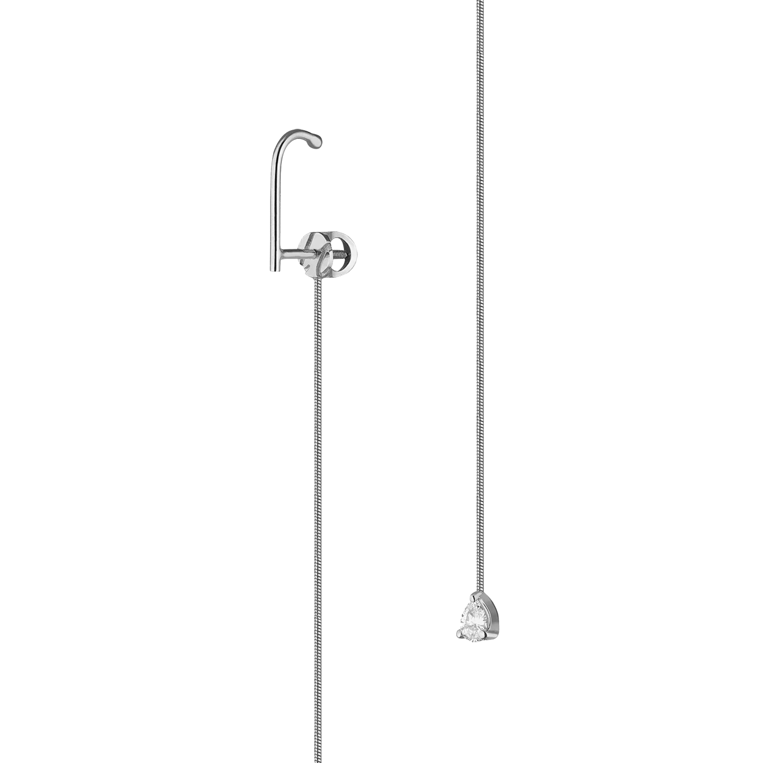 MA 3 threader earring by Lera Treyger in 14k white gold, anchored hook with snake chain ending in 0.15ct pear-cut diamond drop