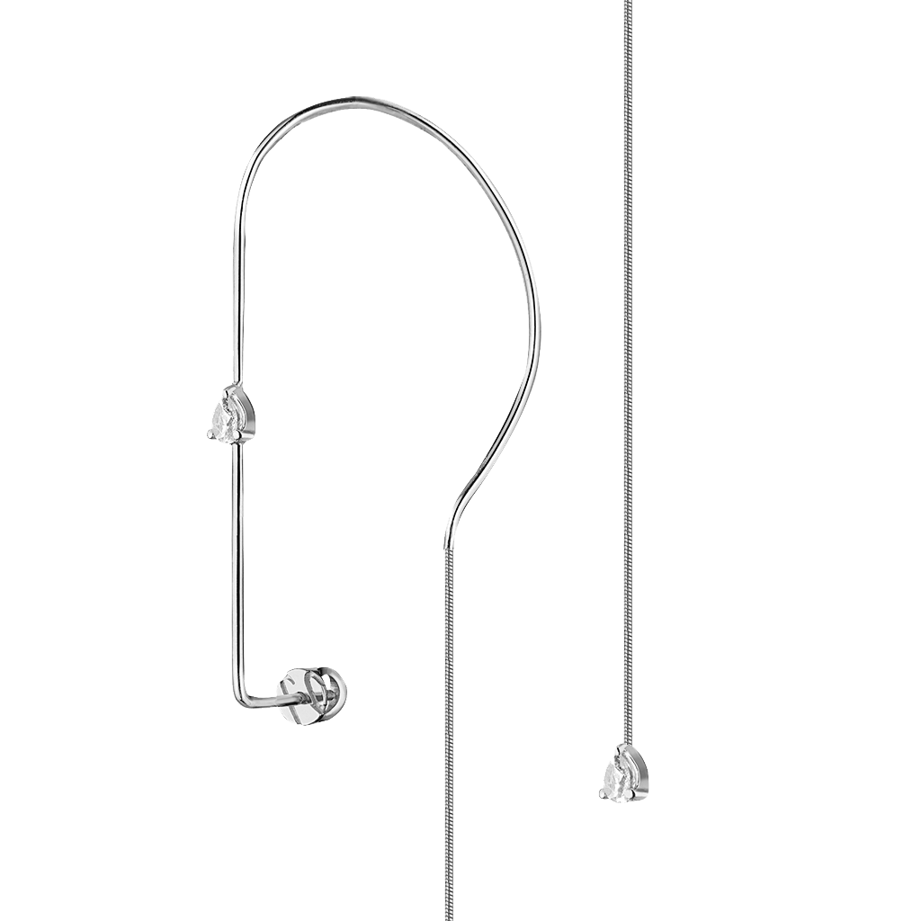 MA 4 two-piece ear cuff and threader by Lera Treyger in 14k white gold with two 0.15ct pear-cut diamond drops, hi-key product shot