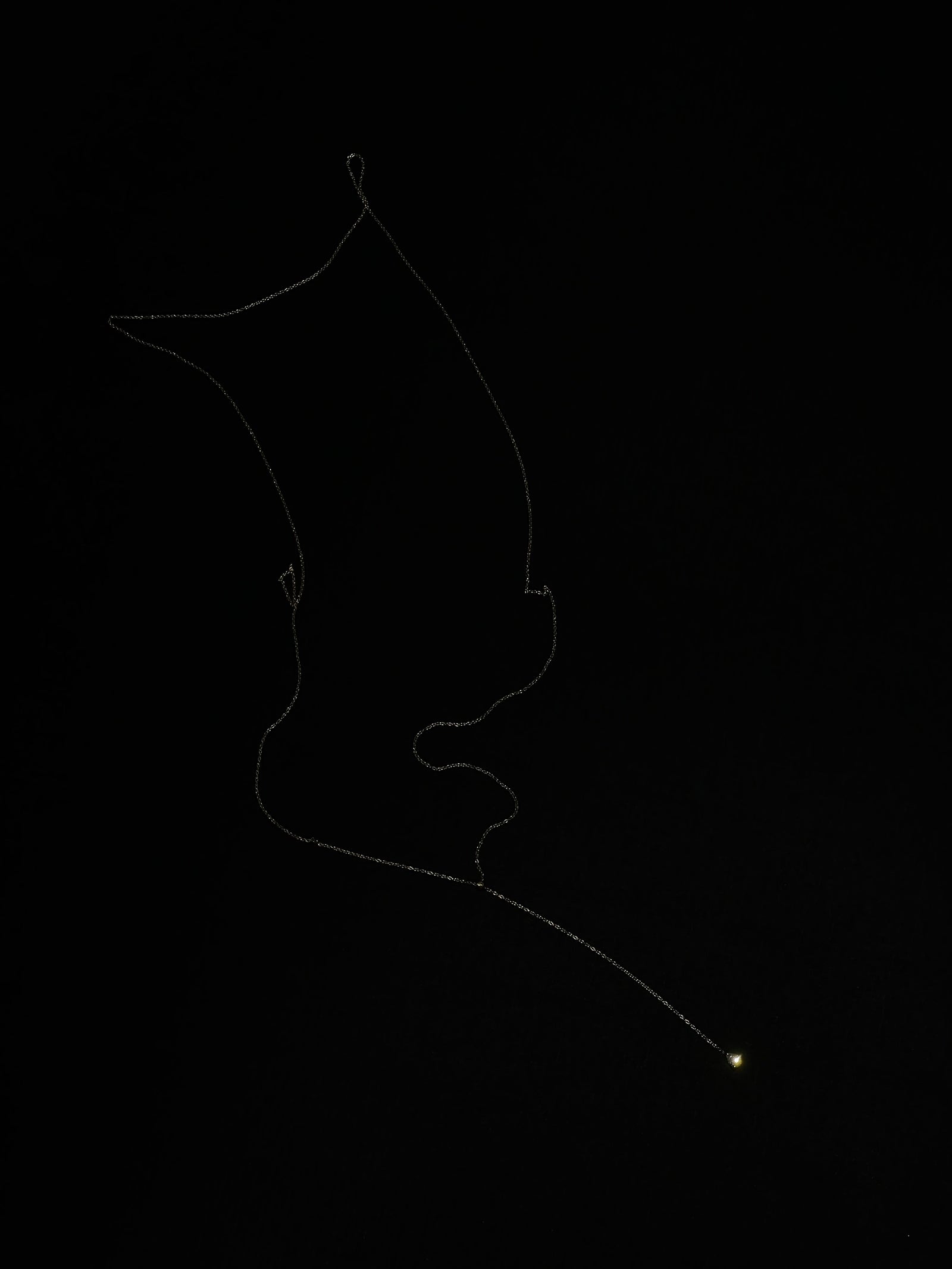 Atmospheric studio of Lera Treyger MA 9 14k yellow gold lariat traced against black background, glowing diamond drop
