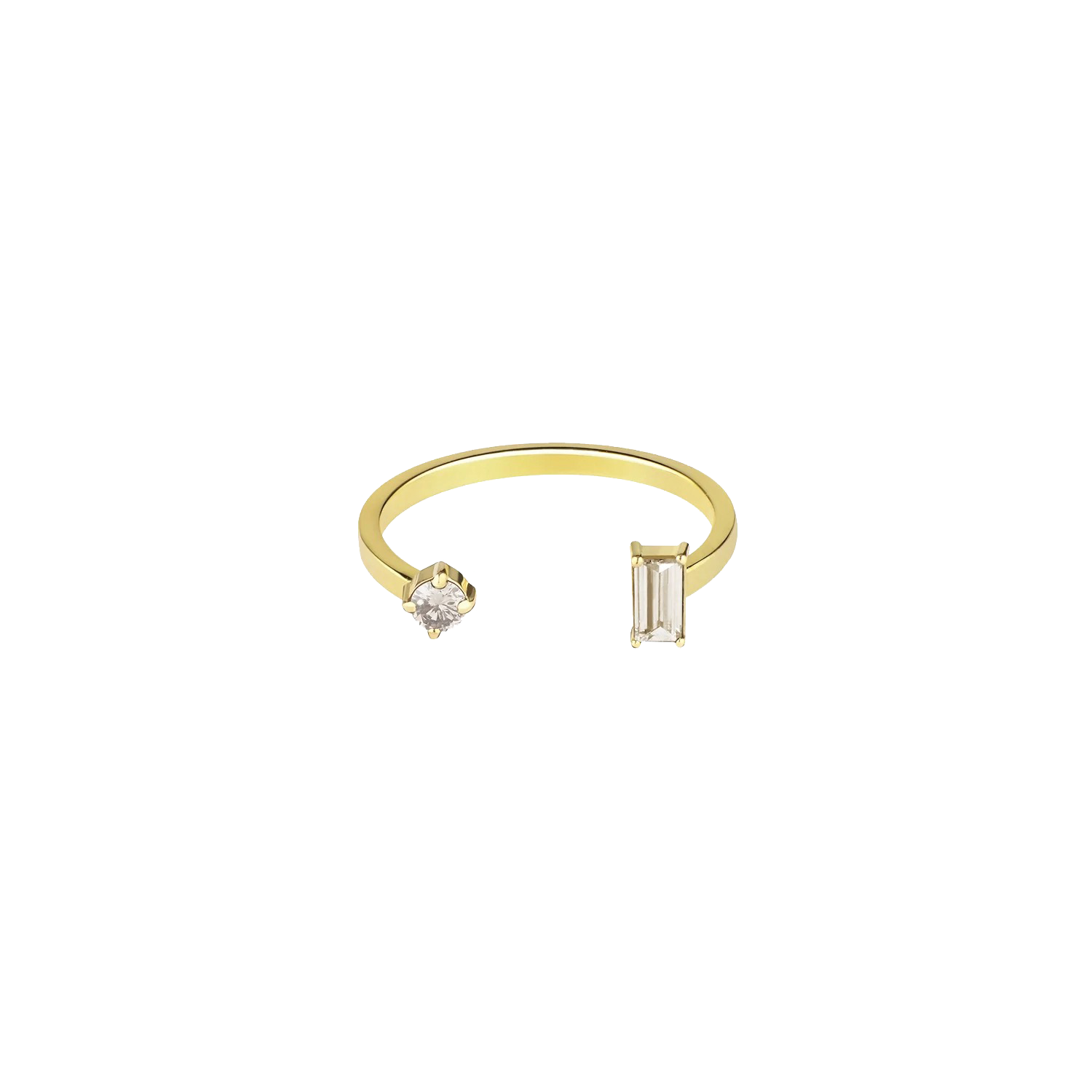 Lera Treyger N 15 ring in 14k yellow gold, open band with round diamond and baguette diamond, mother-and-child design