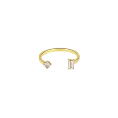 Lera Treyger N 15 ring in 14k yellow gold, open band with round diamond and baguette diamond, mother-and-child design
