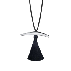 Lera Treyger Dai Pendant in 925 sterling silver - curved calligraphy-brush bar with black silk tassel on black cord, studio cutout