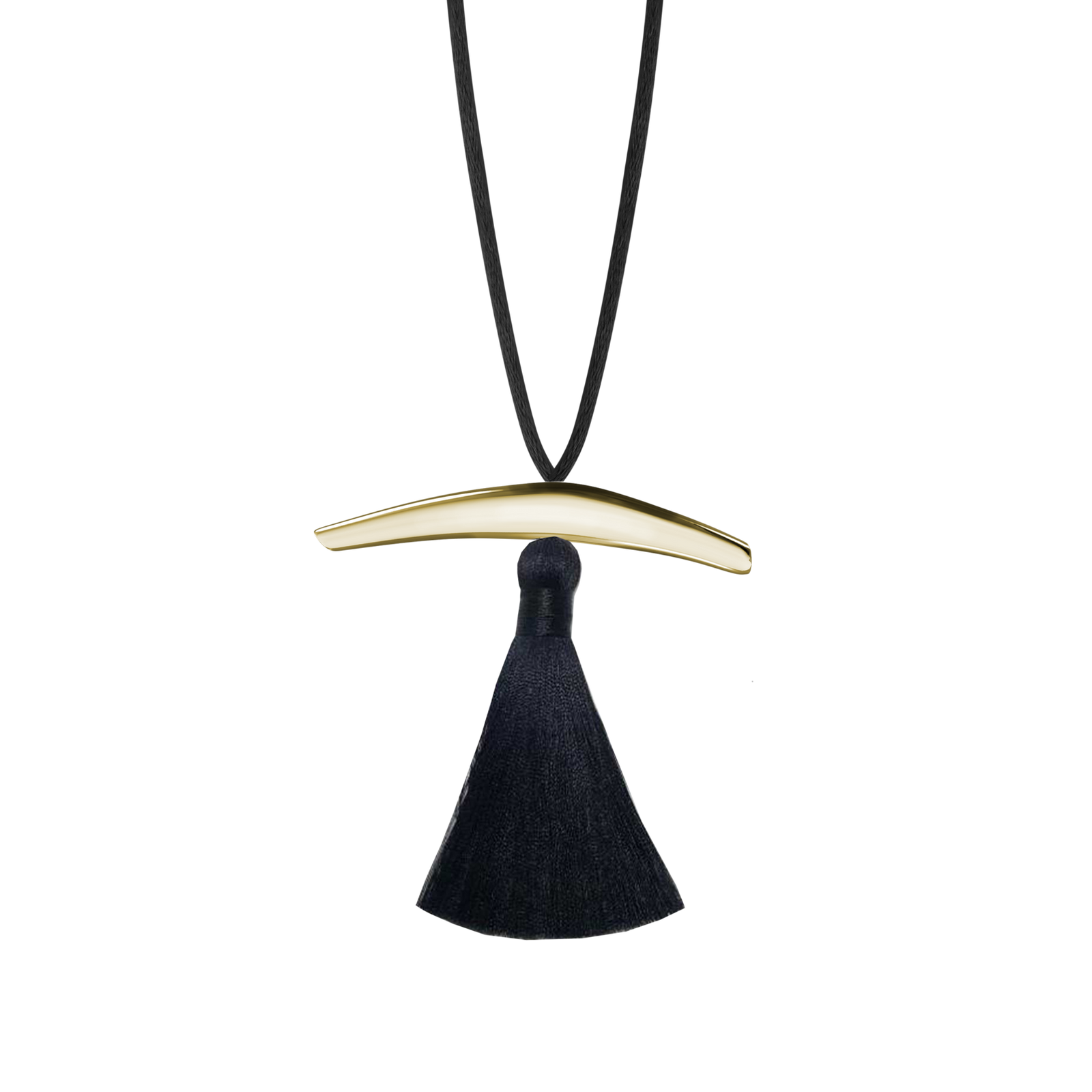 Lera Treyger Dai Pendant in 14k yellow gold - curved calligraphy-brush bar with black silk tassel on black cord, studio cutout