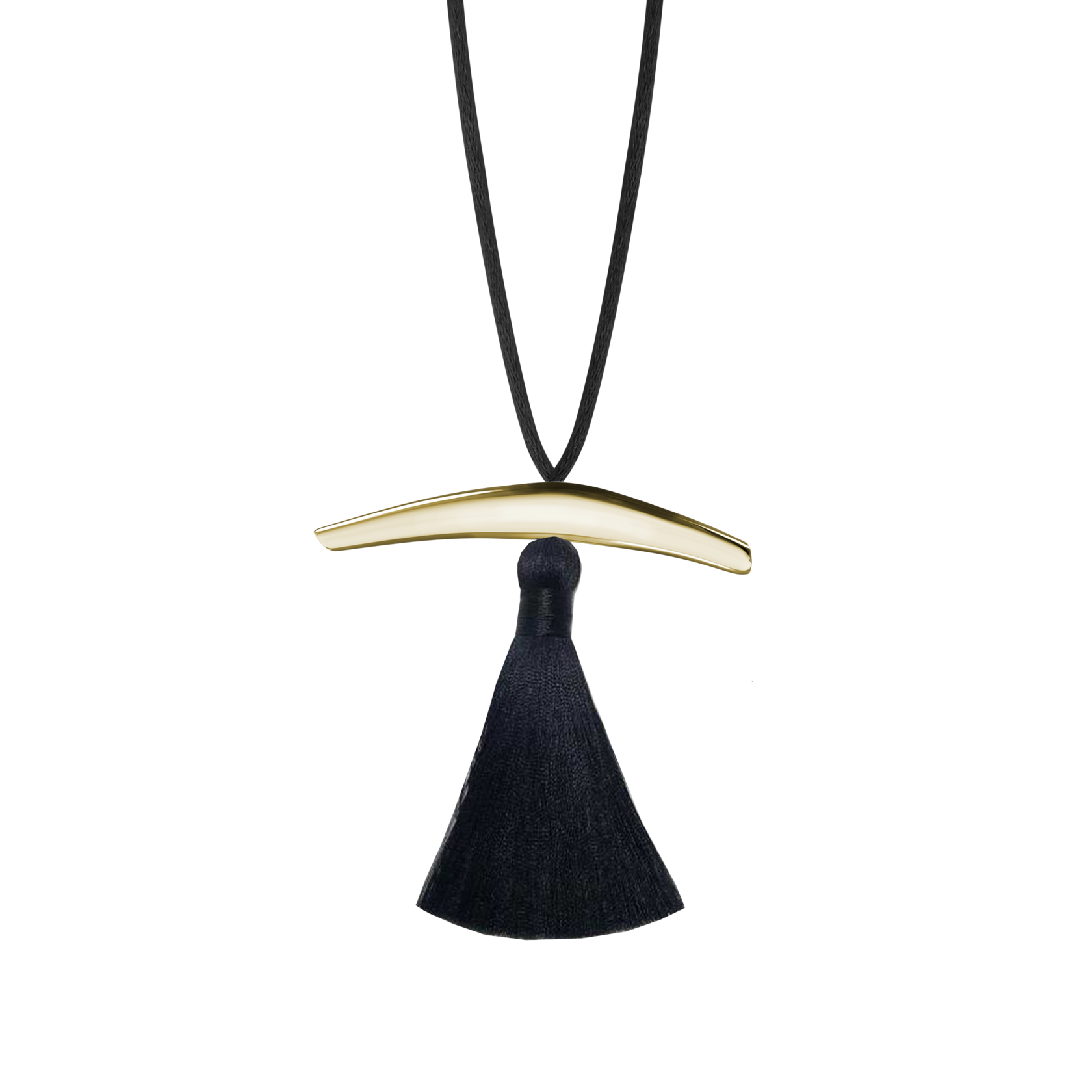 Lera Treyger Dai Pendant in 14k yellow gold - curved calligraphy-brush bar with black silk tassel on black cord, studio cutout