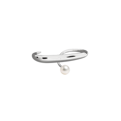 Lera Treyger Sosho ring in sterling silver, curved sculptural band with freshwater pearl drop, studio shot