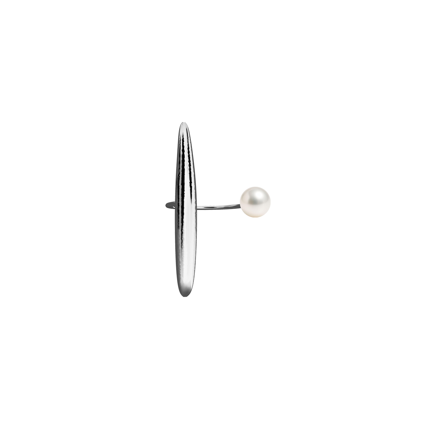 Lera Treyger Gyosho ring in sterling silver, elongated almond-shaped band with freshwater pearl side accent, studio shot