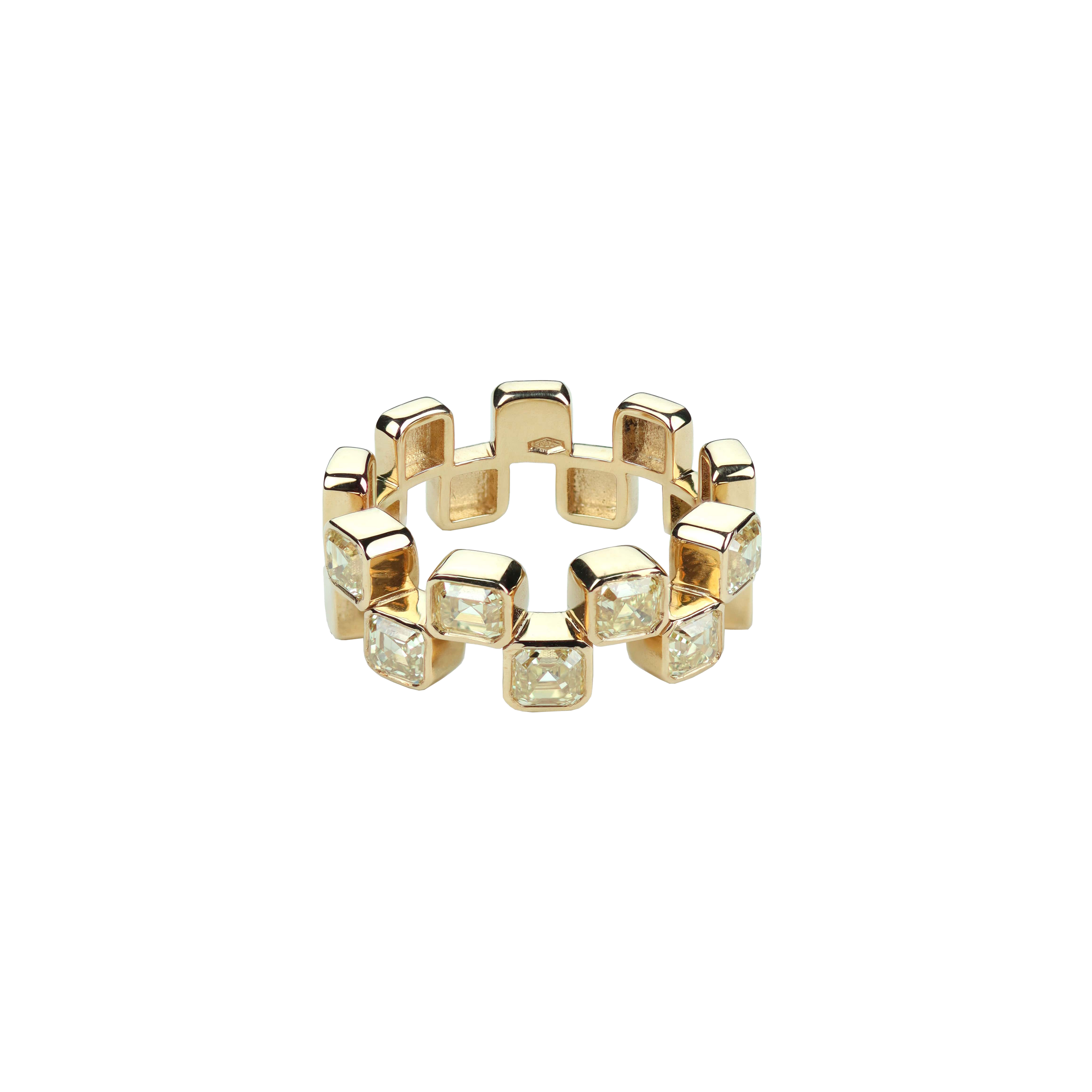 Lera Treyger Ukiyo n 1 ring, 14k gold eternity band with bezel-set fancy yellow diamond cubes encircling the band