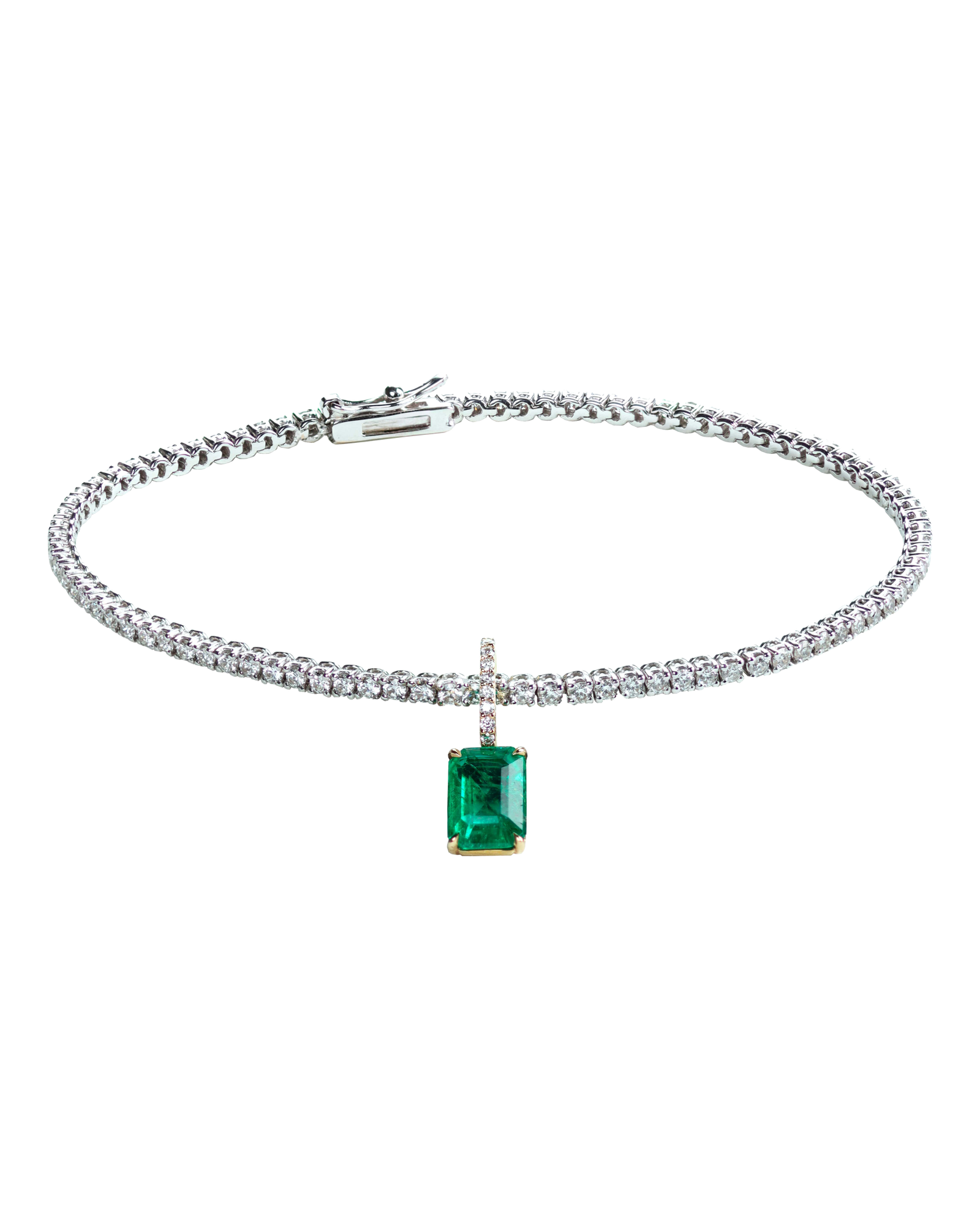 Lera Treyger Ukiyo n 3 bracelet in 18k white gold - diamond pave tennis line with emerald-cut emerald and diamond bail drop