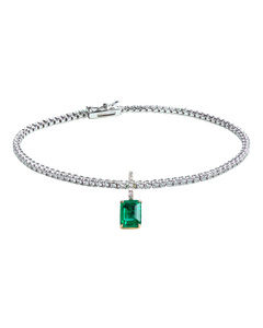 Lera Treyger Ukiyo n 3 bracelet in 18k white gold - diamond pave tennis line with emerald-cut emerald and diamond bail drop