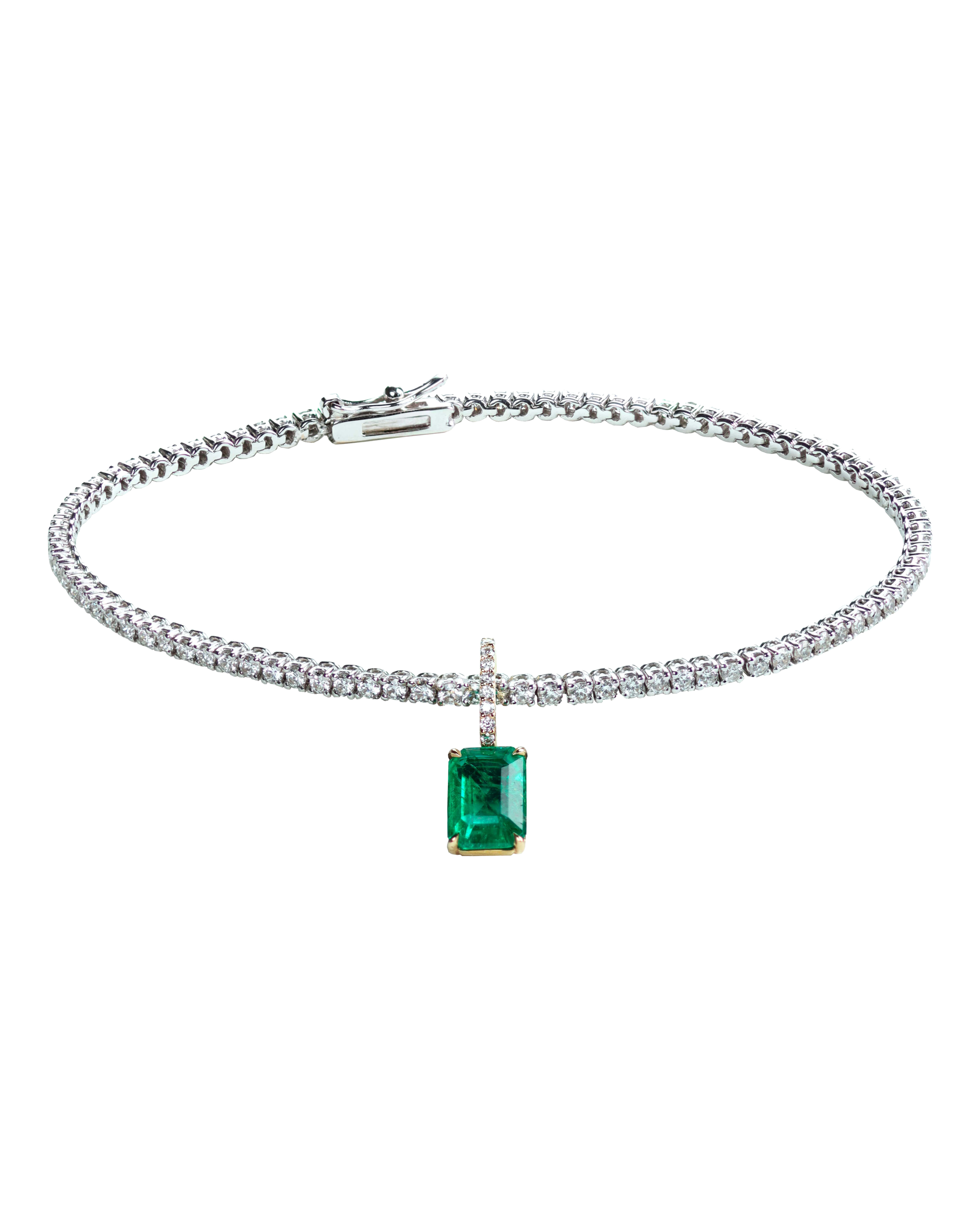 Lera Treyger Ukiyo n 3 bracelet in 18k white gold - diamond pave tennis line with emerald-cut emerald and diamond bail drop