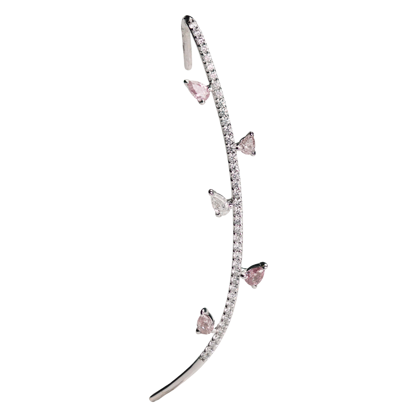 Lera Treyger Ukiyo n 5 ear climber in 14k white gold, diamond pavé branch with pink sapphire/morganite blossoms